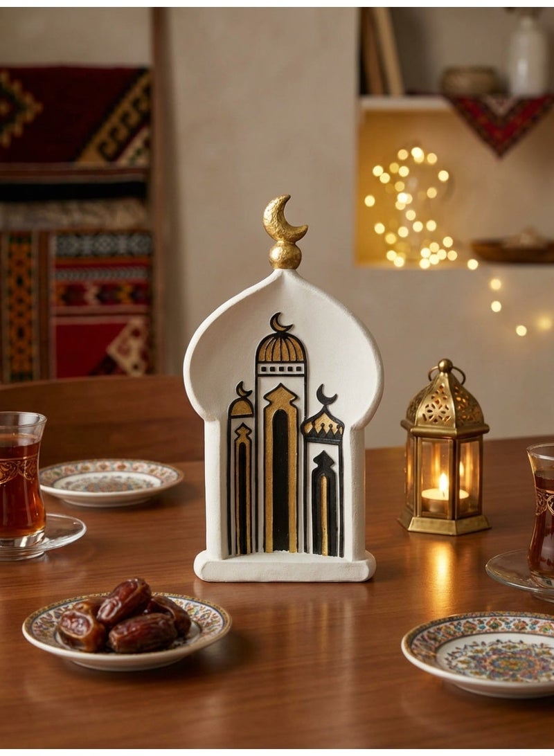 Tanseeq تمثال مسجد أنيق باللونين الأبيض والذهبي من الراتنج لتزيين المنزل العصري في رمضان، زينة طاولة إسلامية، هدية عيد مبارك، لمسة هلال للمنازل المسلمة - 1 قطعة - Image 2